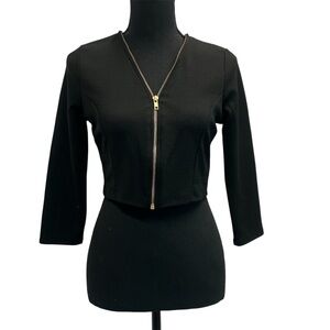 Forever 21 black long sleeve V-neck full zipper front crop top Sz L